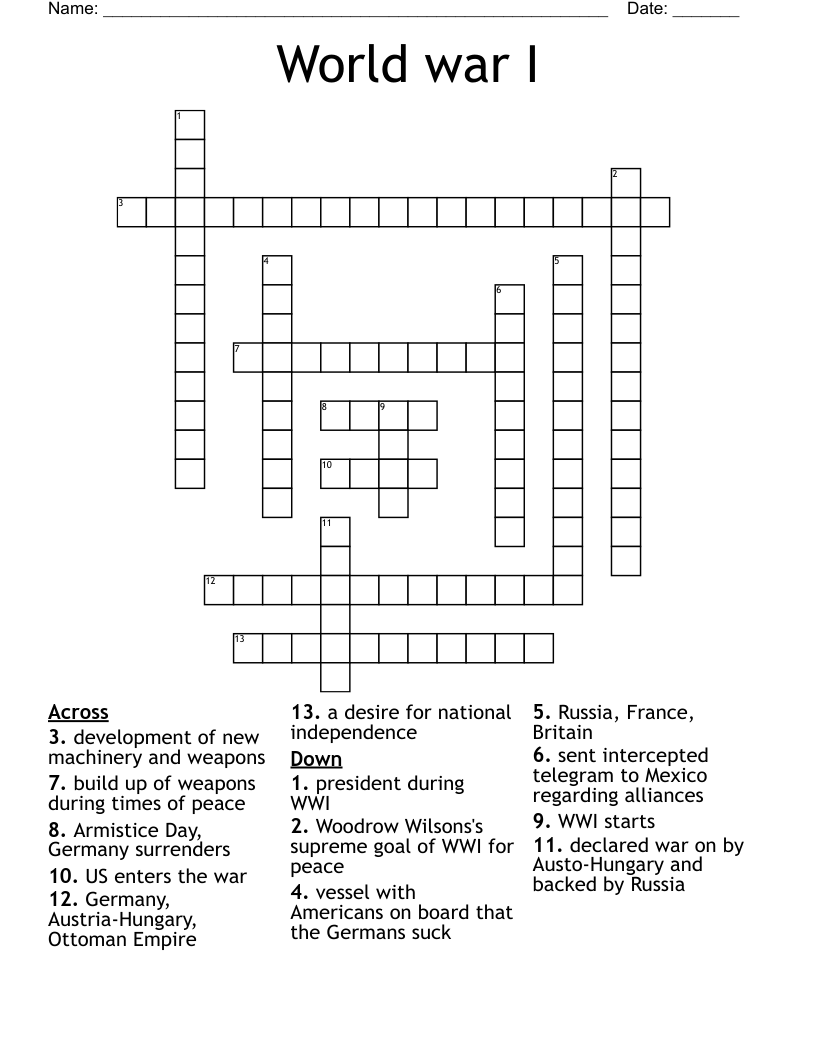 World war I Crossword