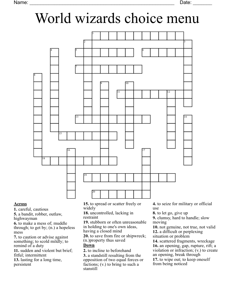 World wizards choice menu Crossword