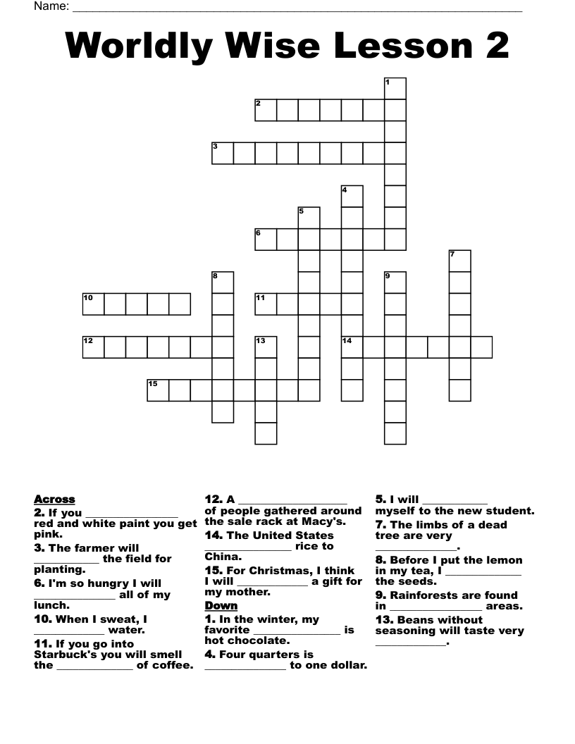 Worldly Wise Lesson 2 Crossword