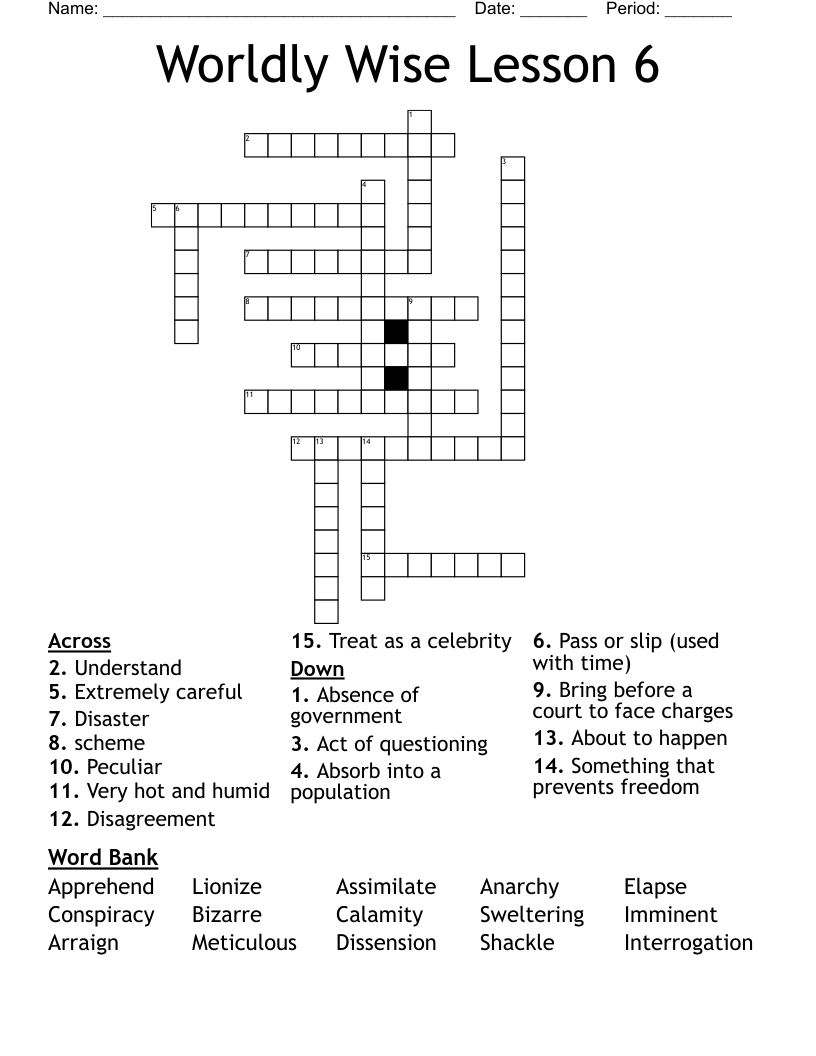 Worldly Wise Lesson 6 Crossword