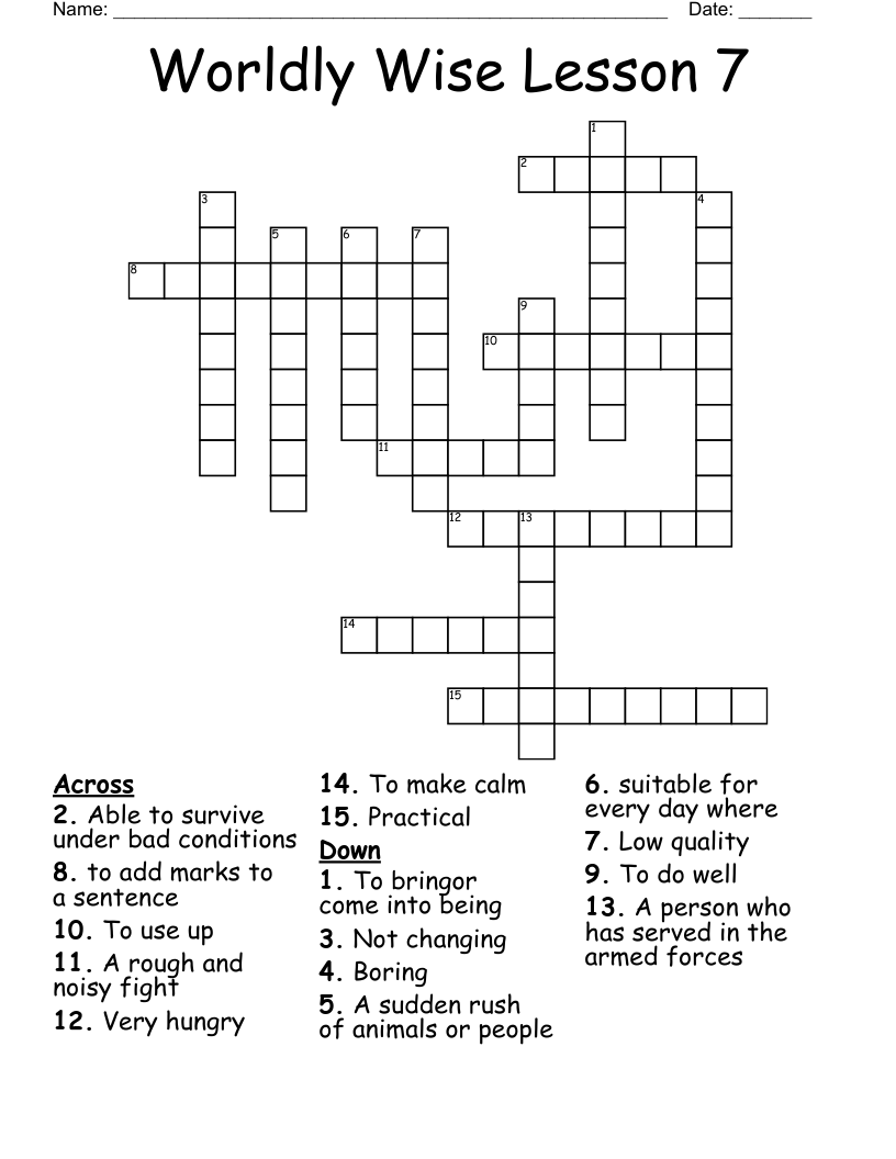 Worldly Wise Lesson 7 Crossword