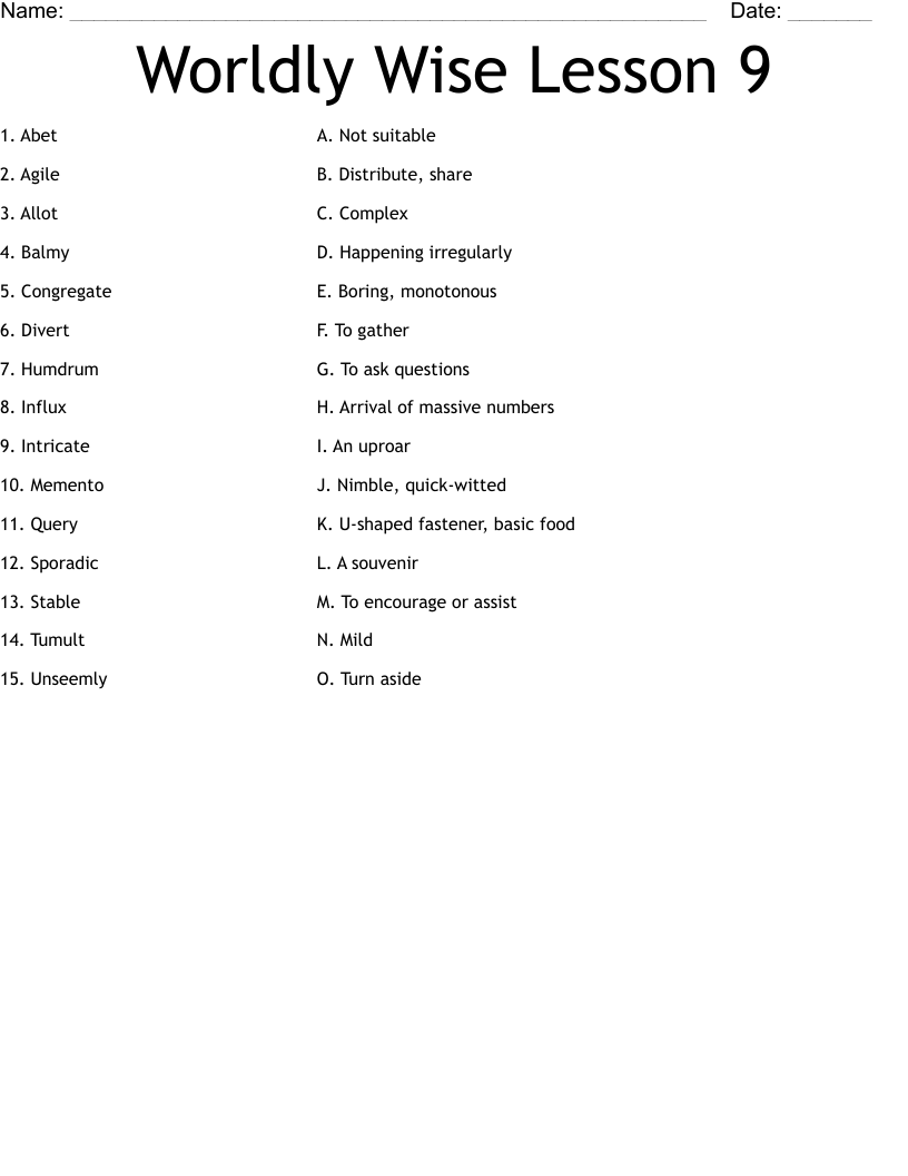 Worldly Wise Lesson 9 Worksheet