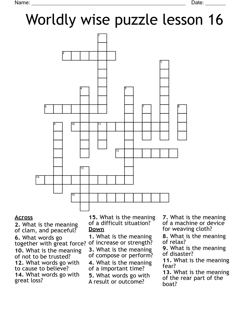 Worldly wise puzzle lesson 16 Crossword