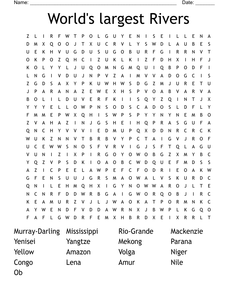 World's largest Rivers Word Search