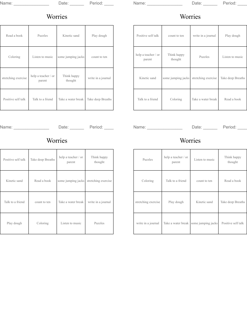Worries  Bingo Cards