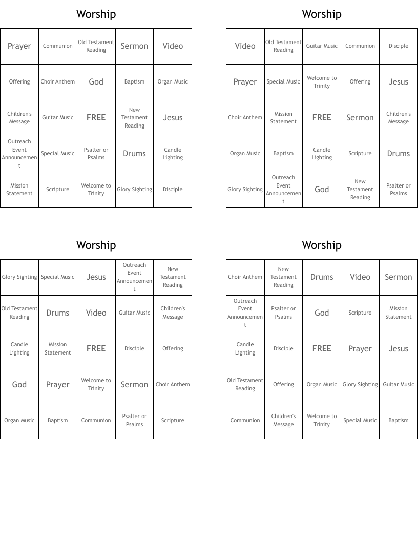 Worship Bingo Cards