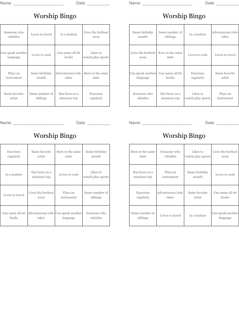 Worship Bingo