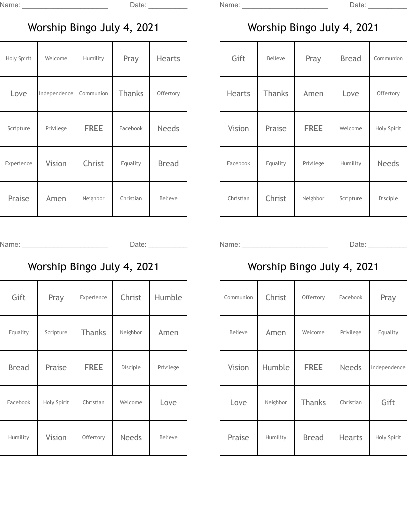 Worship Bingo July 4, 2021
