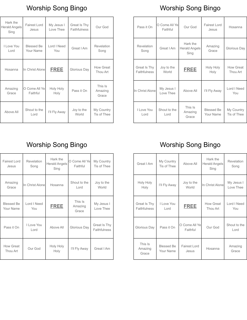 Worship Song Bingo