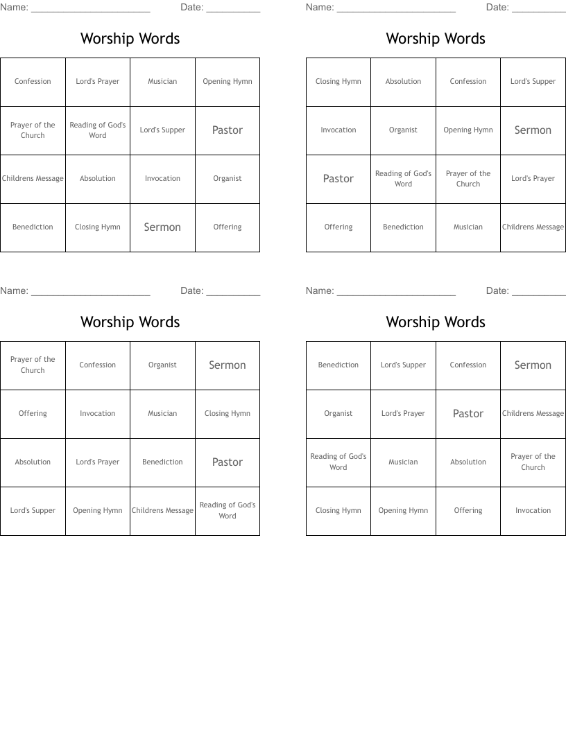 Worship Words Bingo Cards