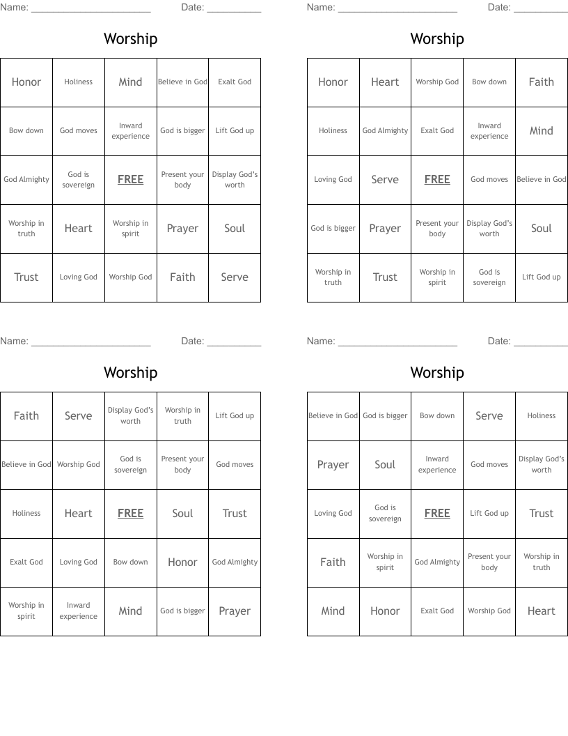 Worship  Bingo Cards
