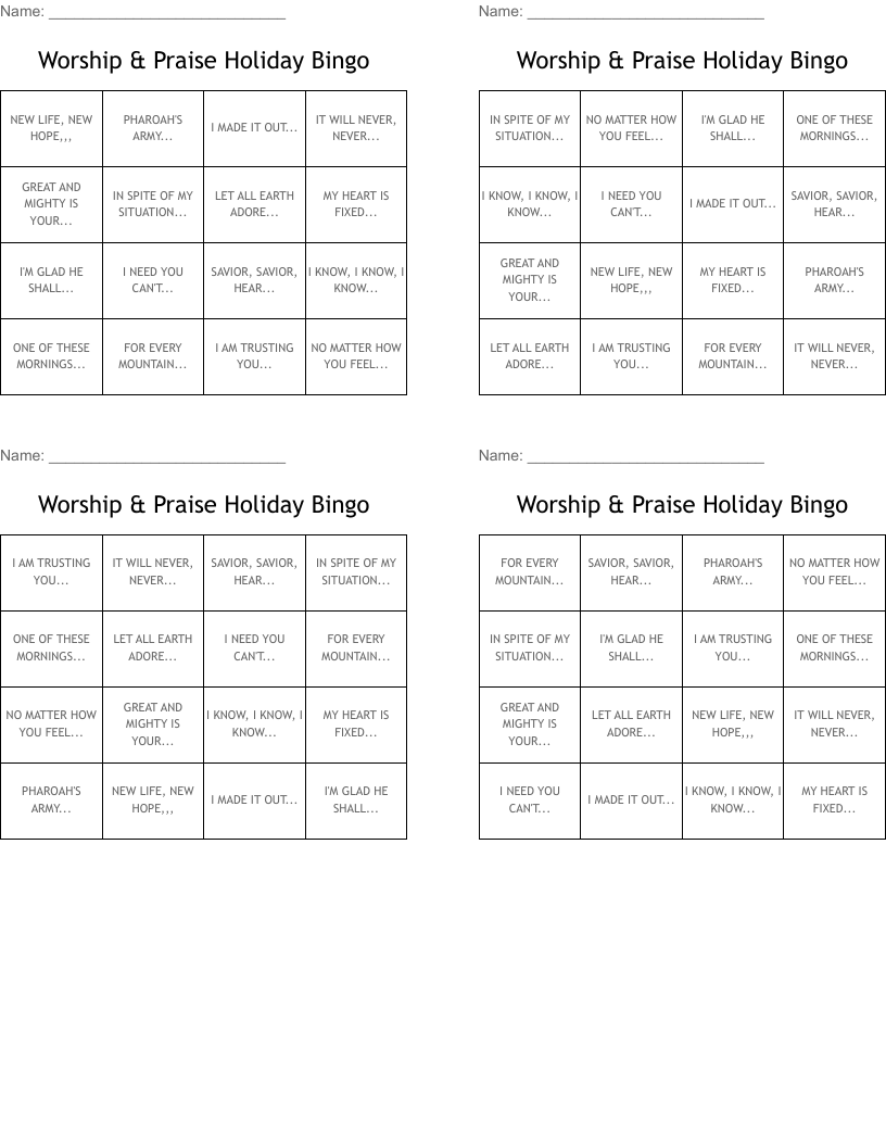 Worship & Praise Holiday Bingo