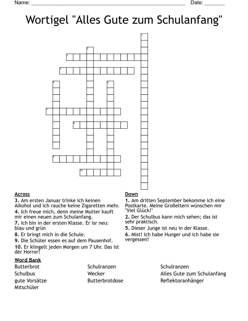 Wortigel "Alles Gute zum Schulanfang" Crossword