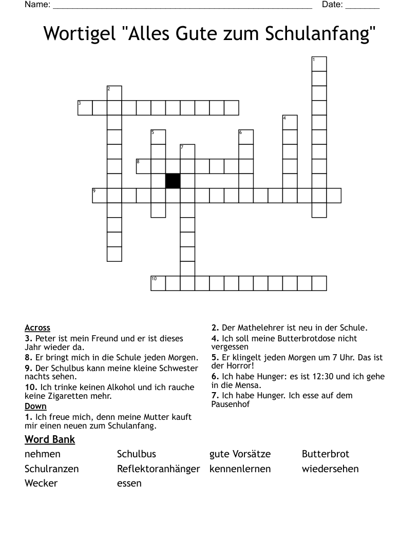 Wortigel "Alles Gute zum Schulanfang" Crossword