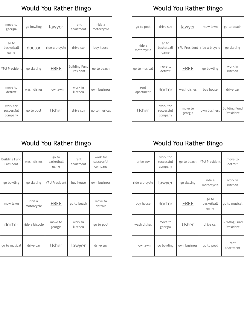 Would You Rather Bingo