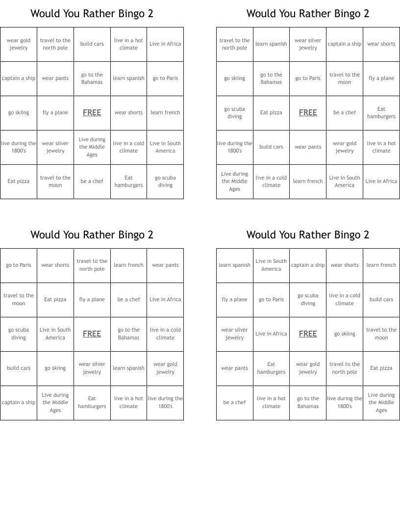 Would You Rather Bingo 2