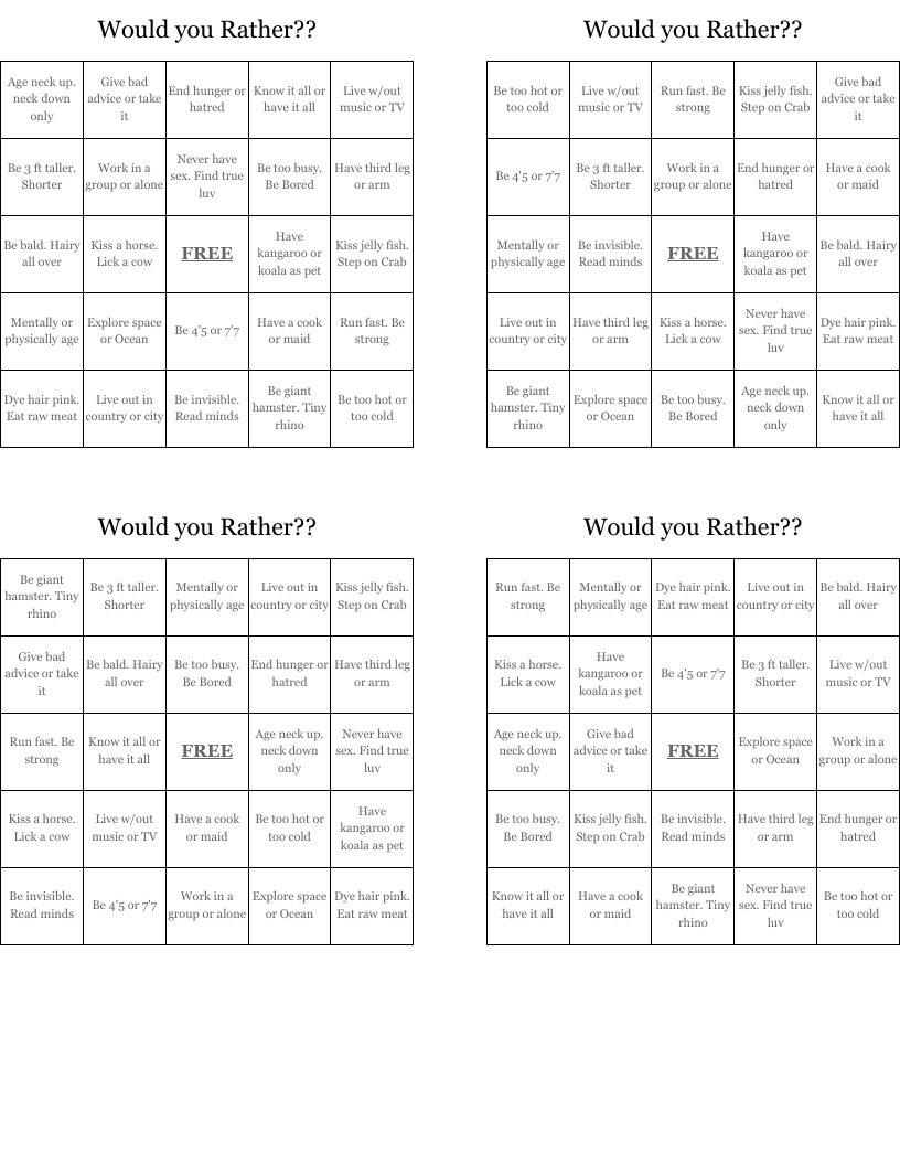 Would you Rather?? Bingo Cards