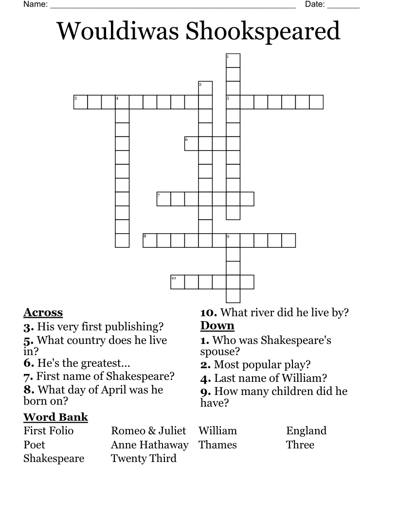 Wouldiwas Shookspeared Crossword