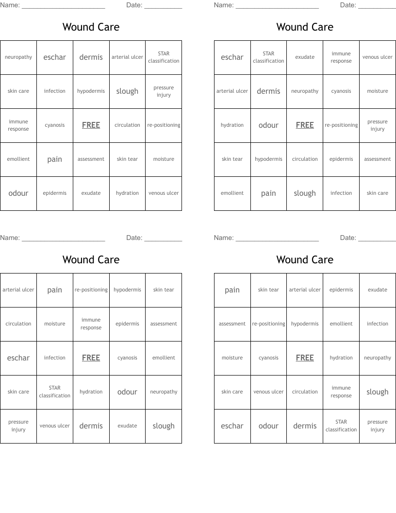 Wound Care Bingo Cards