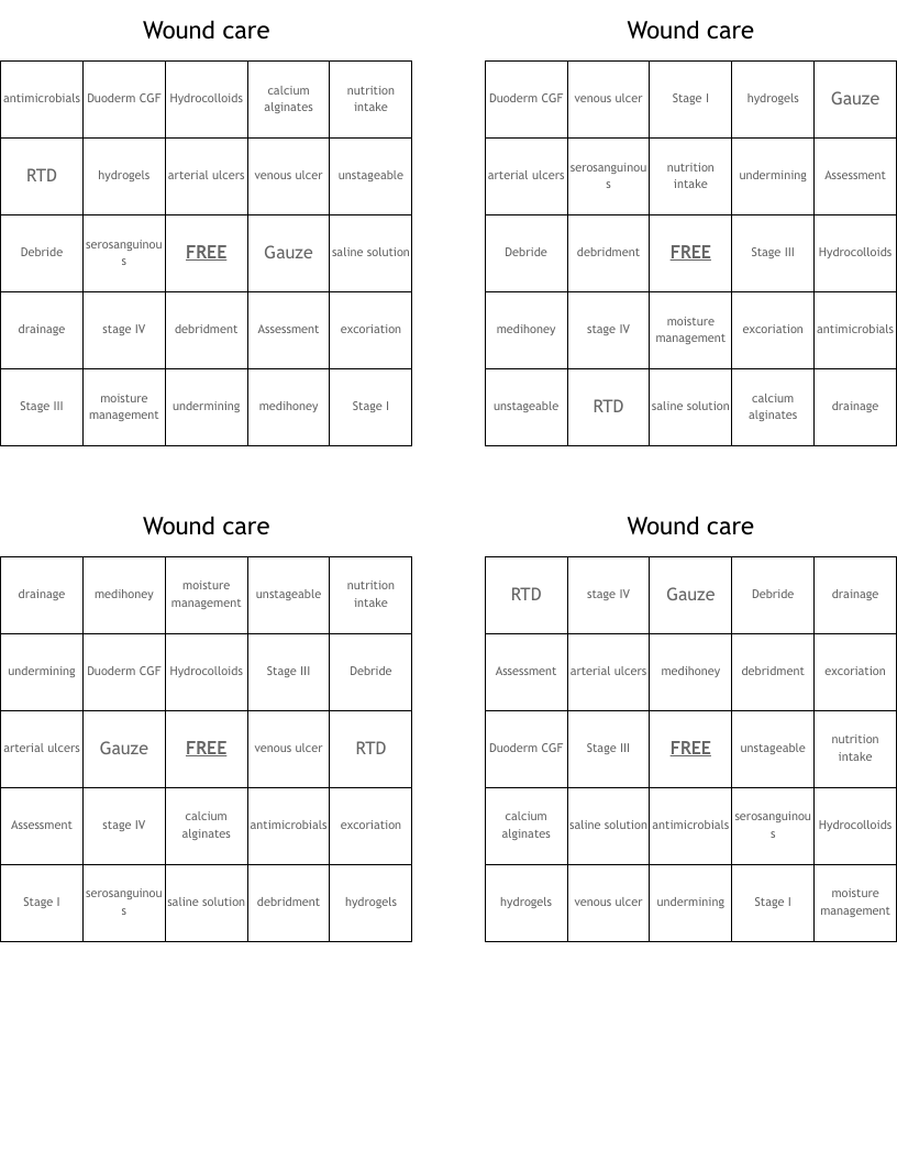Wound care Bingo Cards