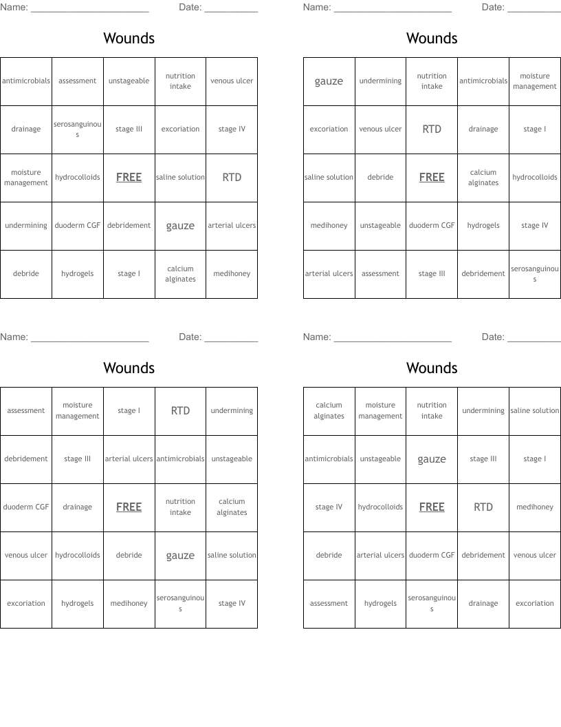 Wounds Bingo Cards