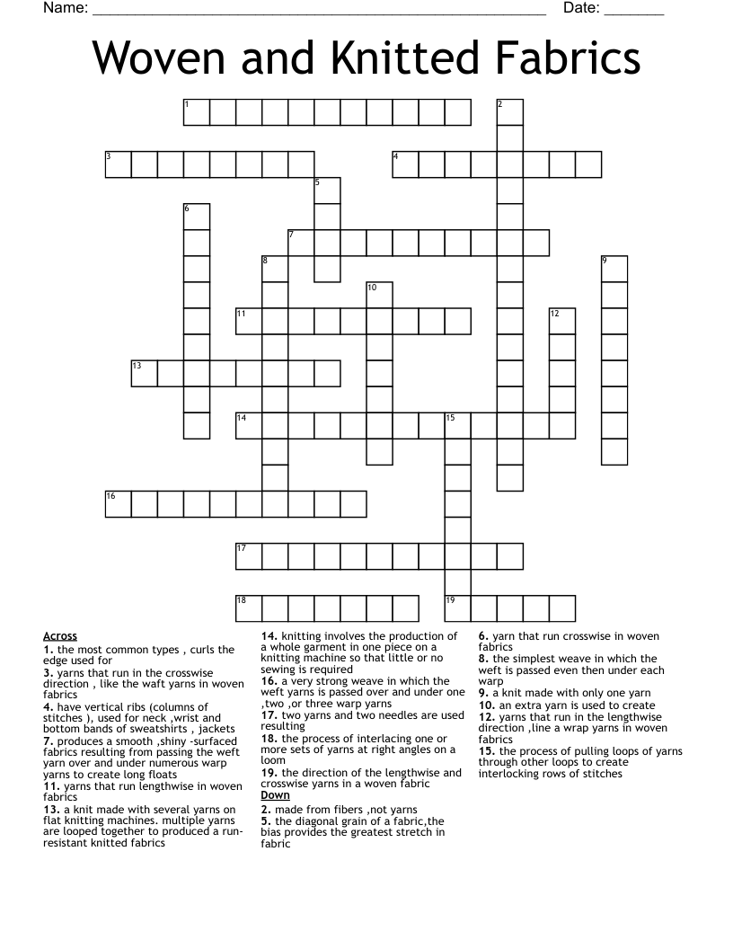 Woven and Knitted Fabrics Crossword