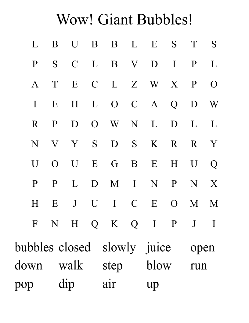 Wow! Giant Bubbles! Word Search