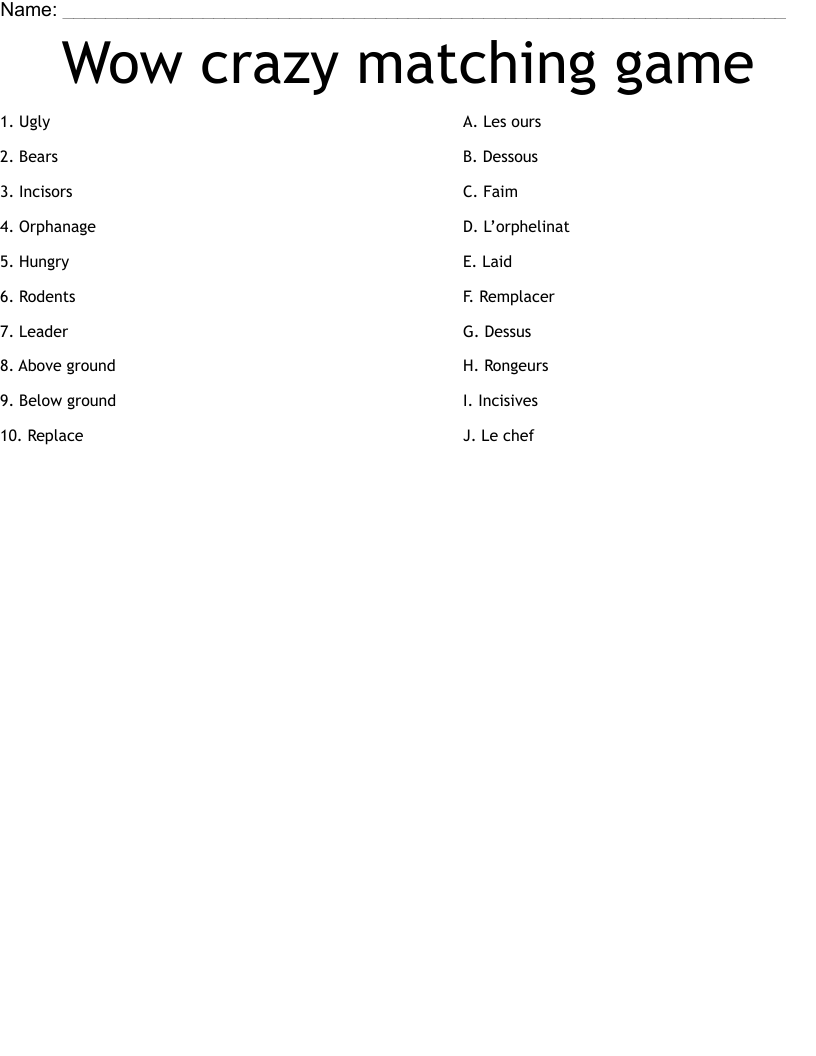 Wow crazy matching game Worksheet