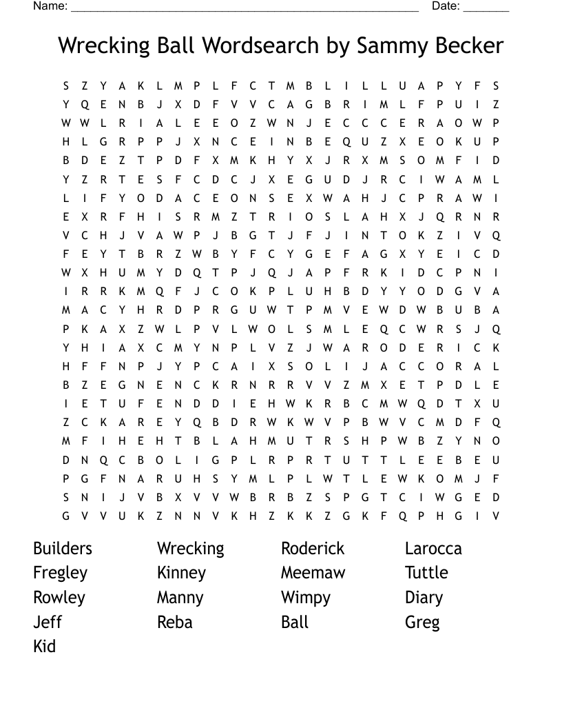 Wrecking Ball Wordsearch by Sammy Becker