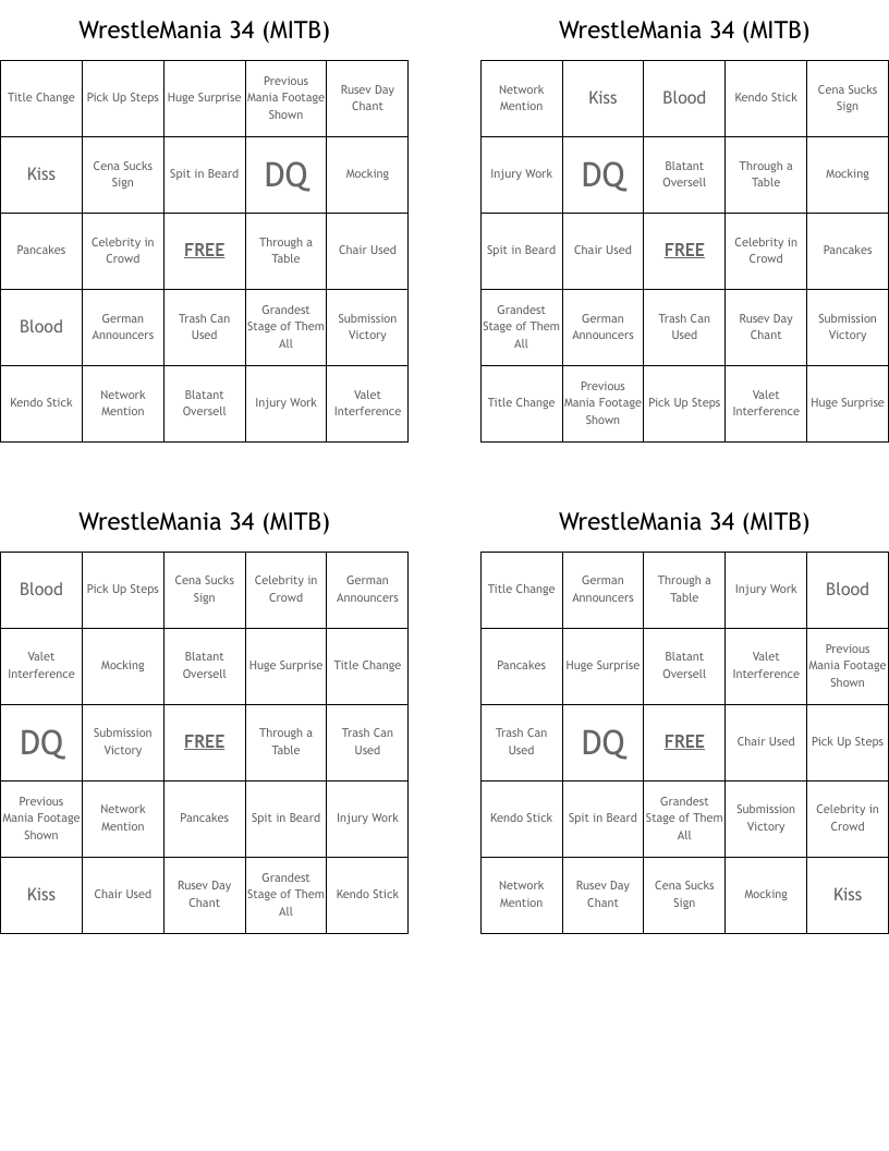 WrestleMania 34 (MITB) Bingo Cards