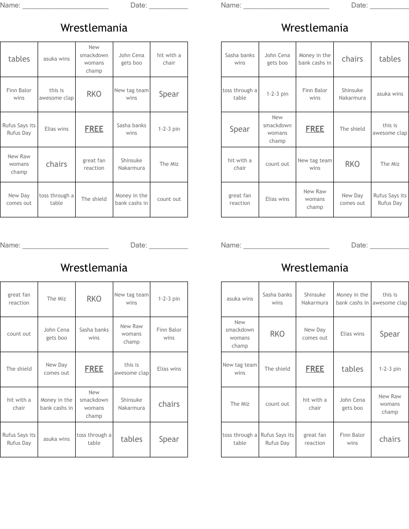 Wrestlemania Bingo Cards