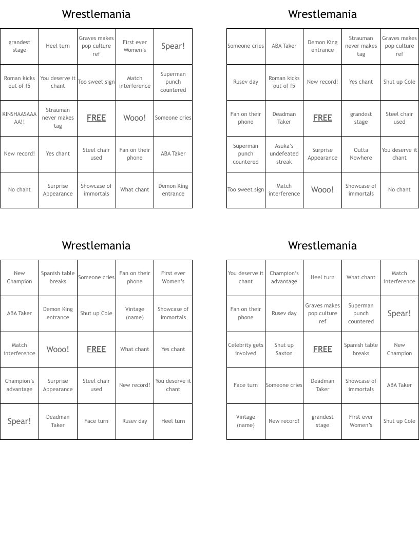 Wrestlemania  Bingo Cards