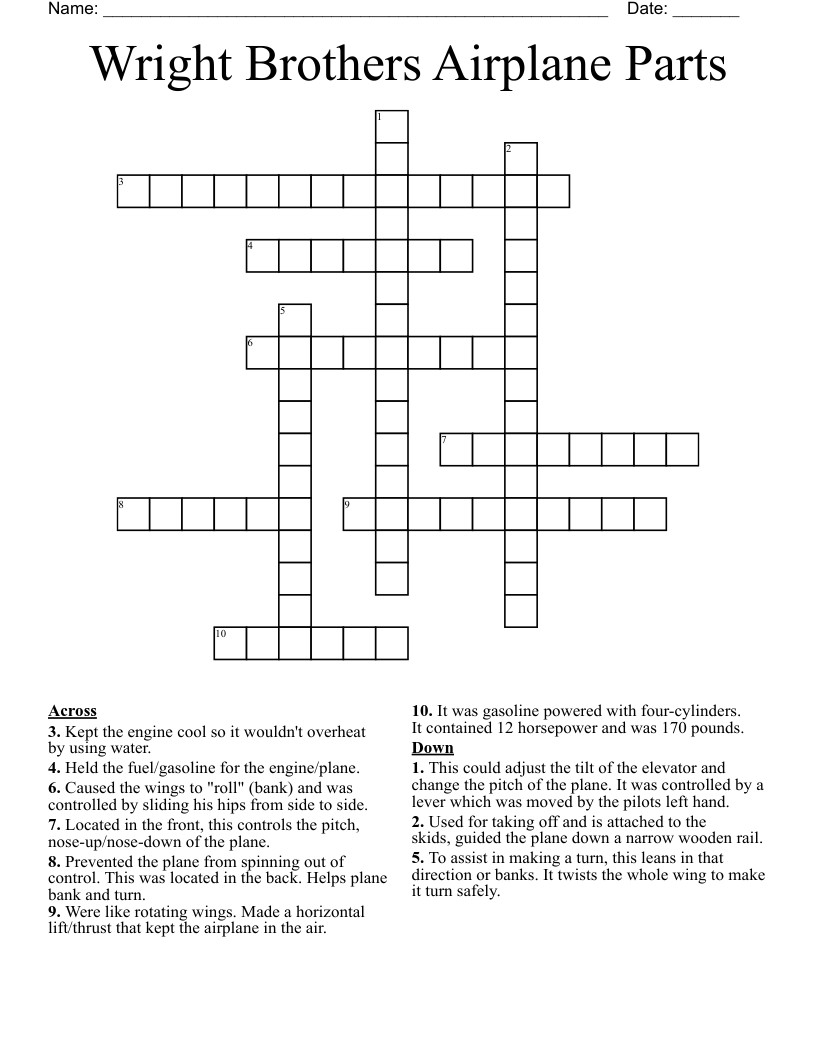 Wright Brothers Airplane Parts Crossword