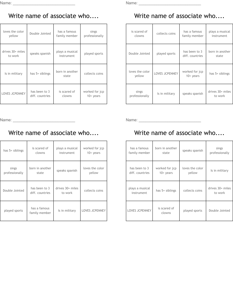 Write name of associate who....  Bingo Cards