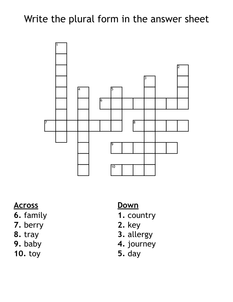 Write the plural form in the answer sheet Crossword