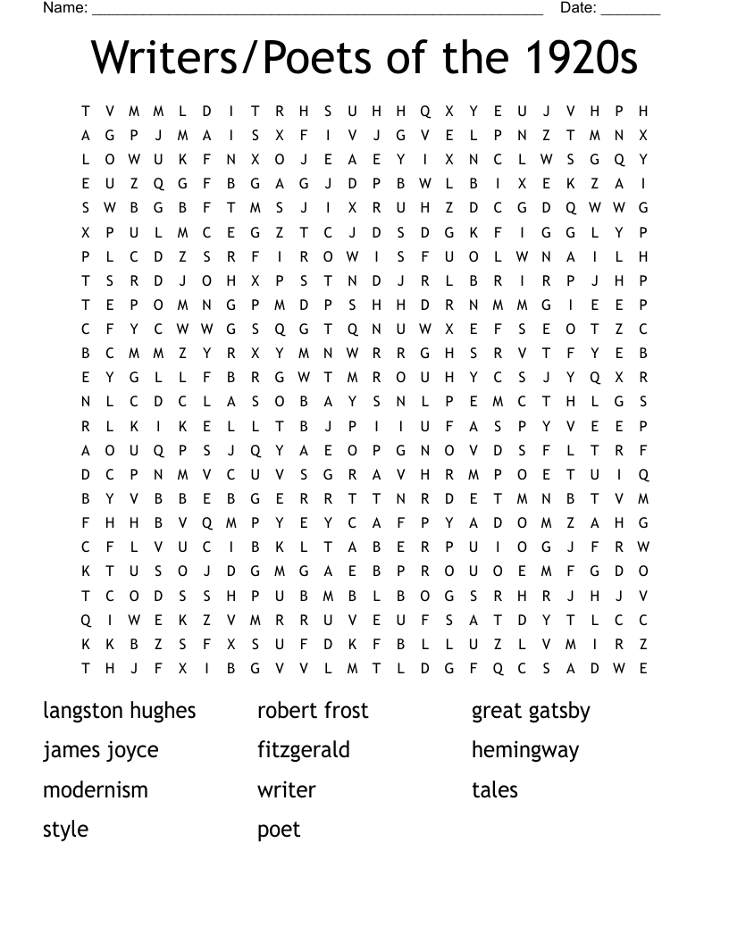Writers/Poets of the 1920s Word Search