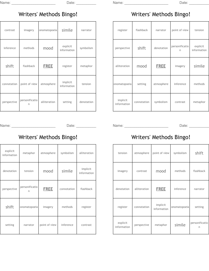 Writers' Methods Bingo!