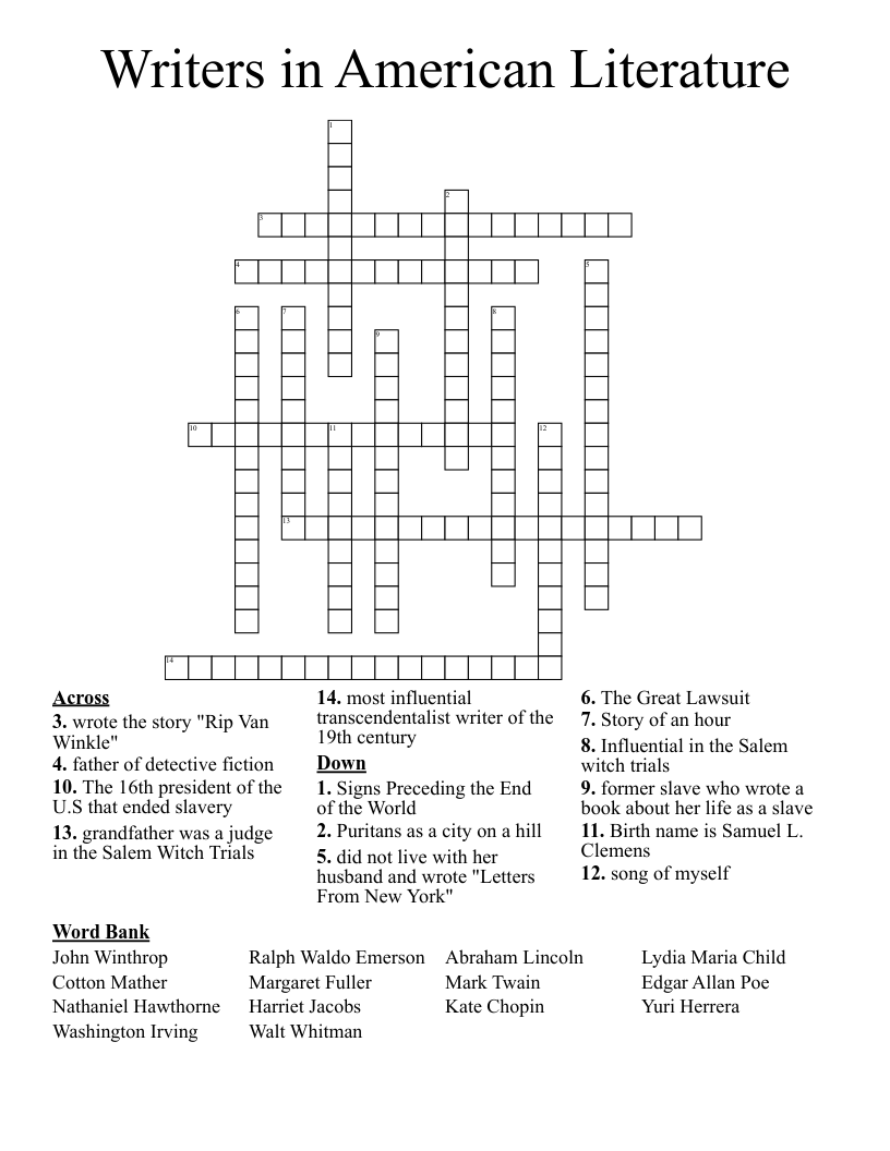 Writers in American Literature Crossword