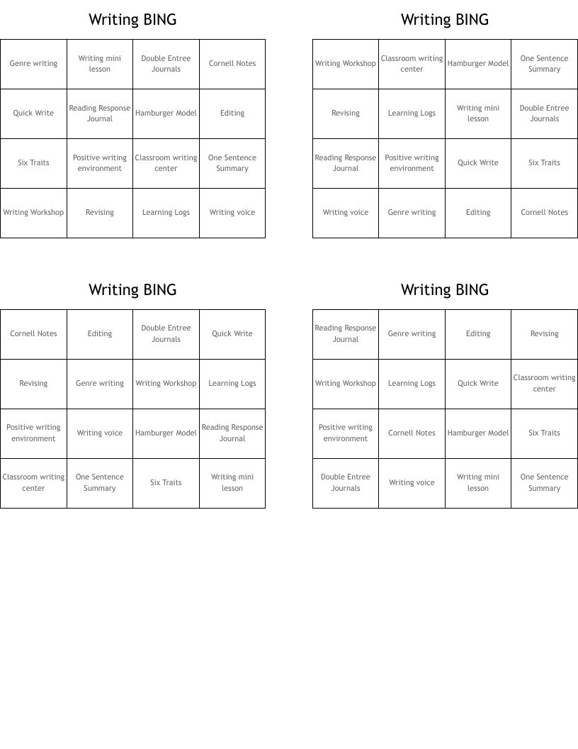 Writing BING Bingo Cards