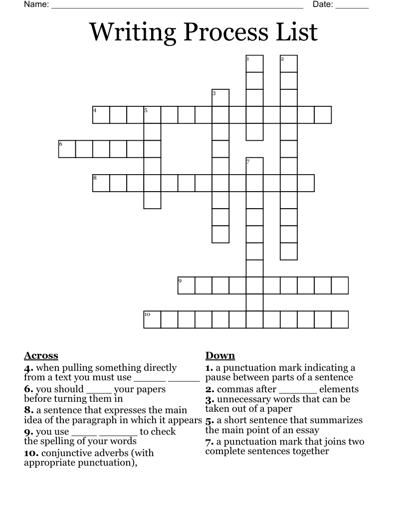 Writing Process List Crossword