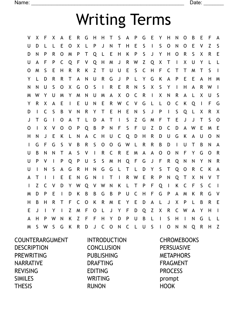 Writing Terms Word Search