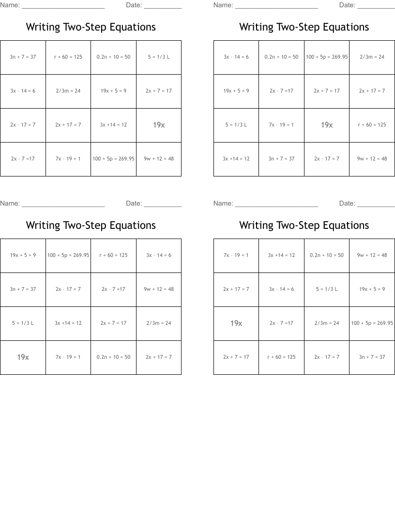 Writing Two-Step Equations Bingo Cards