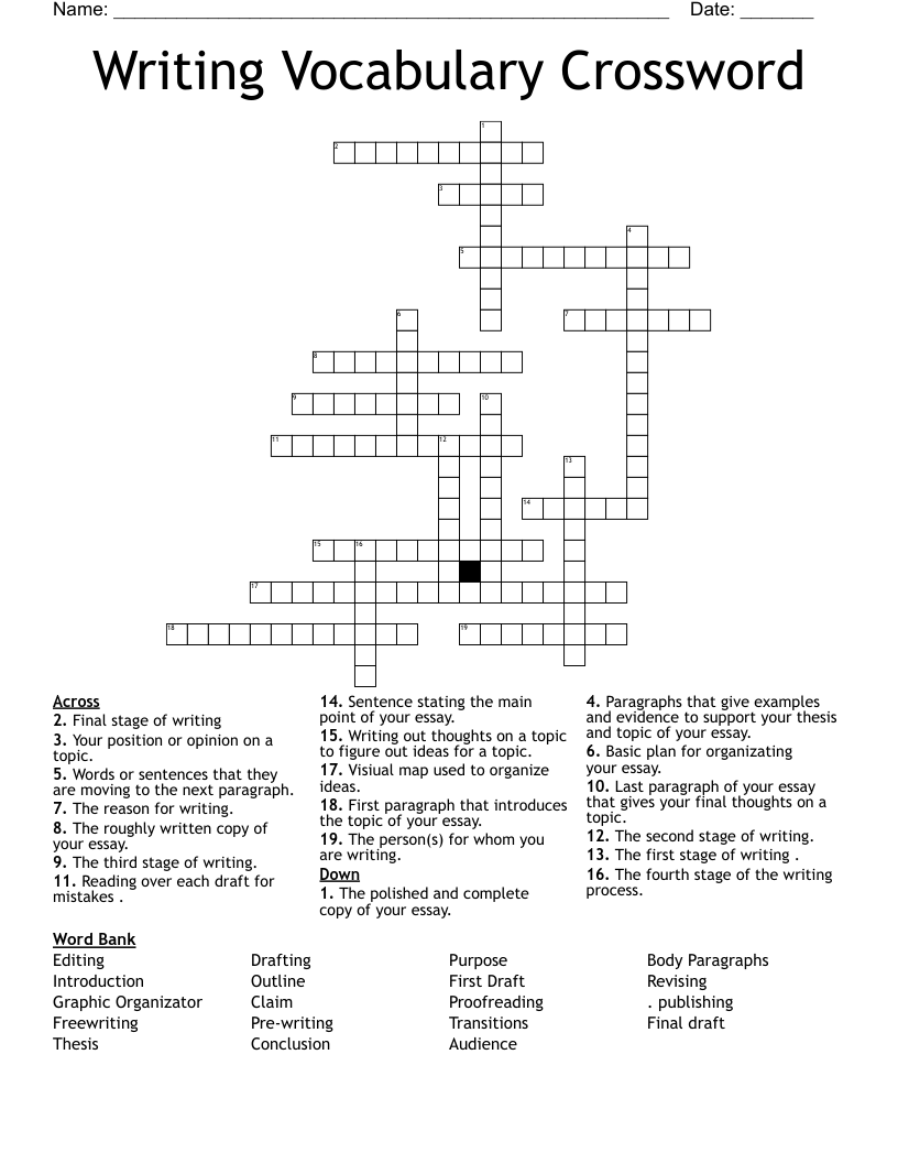 Writing Vocabulary Crossword
