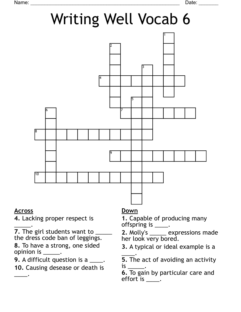 Writing Well Vocab 6 Crossword