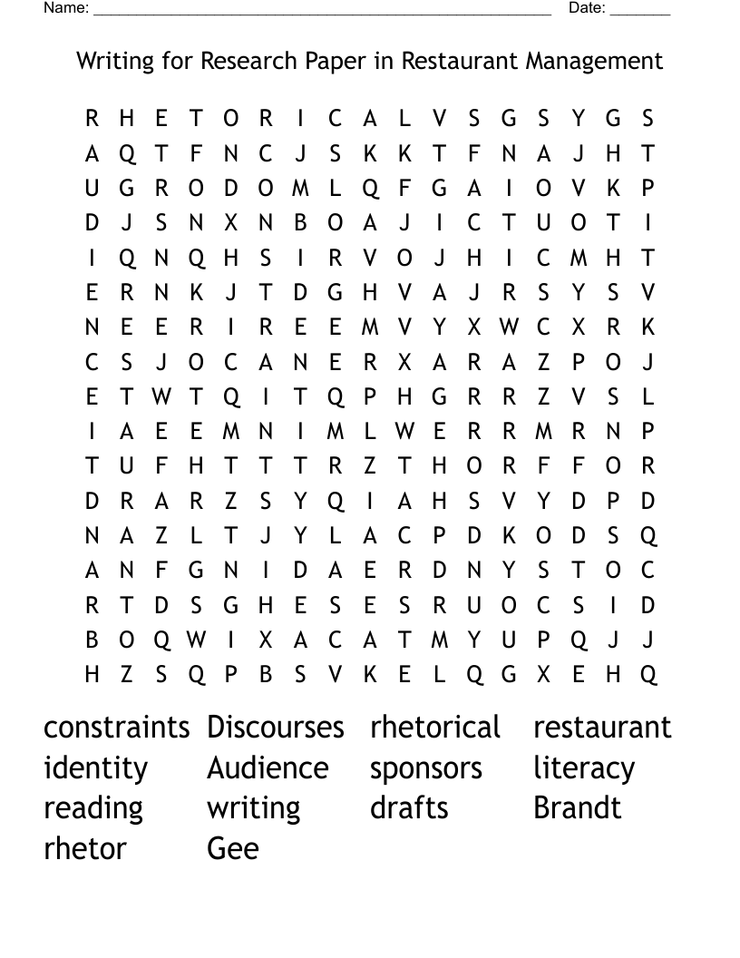 Writing for Research Paper in Restaurant Management Word Search
