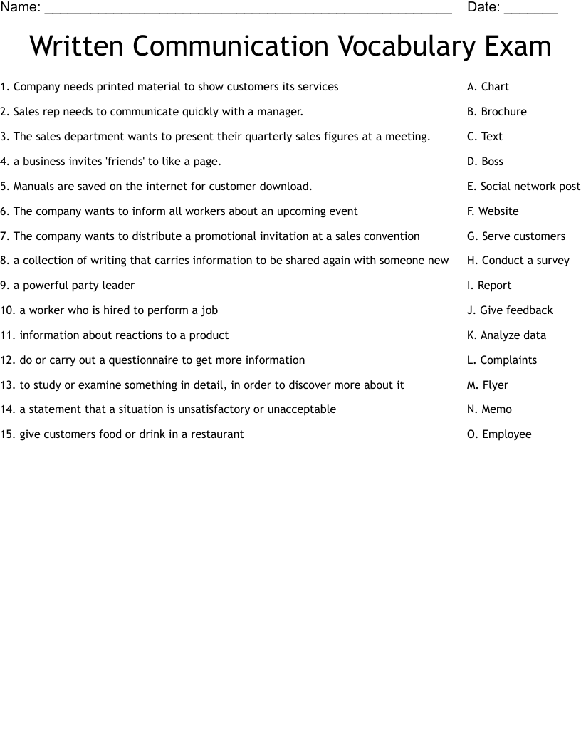 Written Communication Vocabulary Exam Worksheet