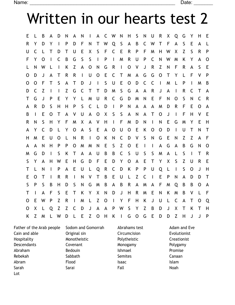 Written in our hearts test 2 Word Search