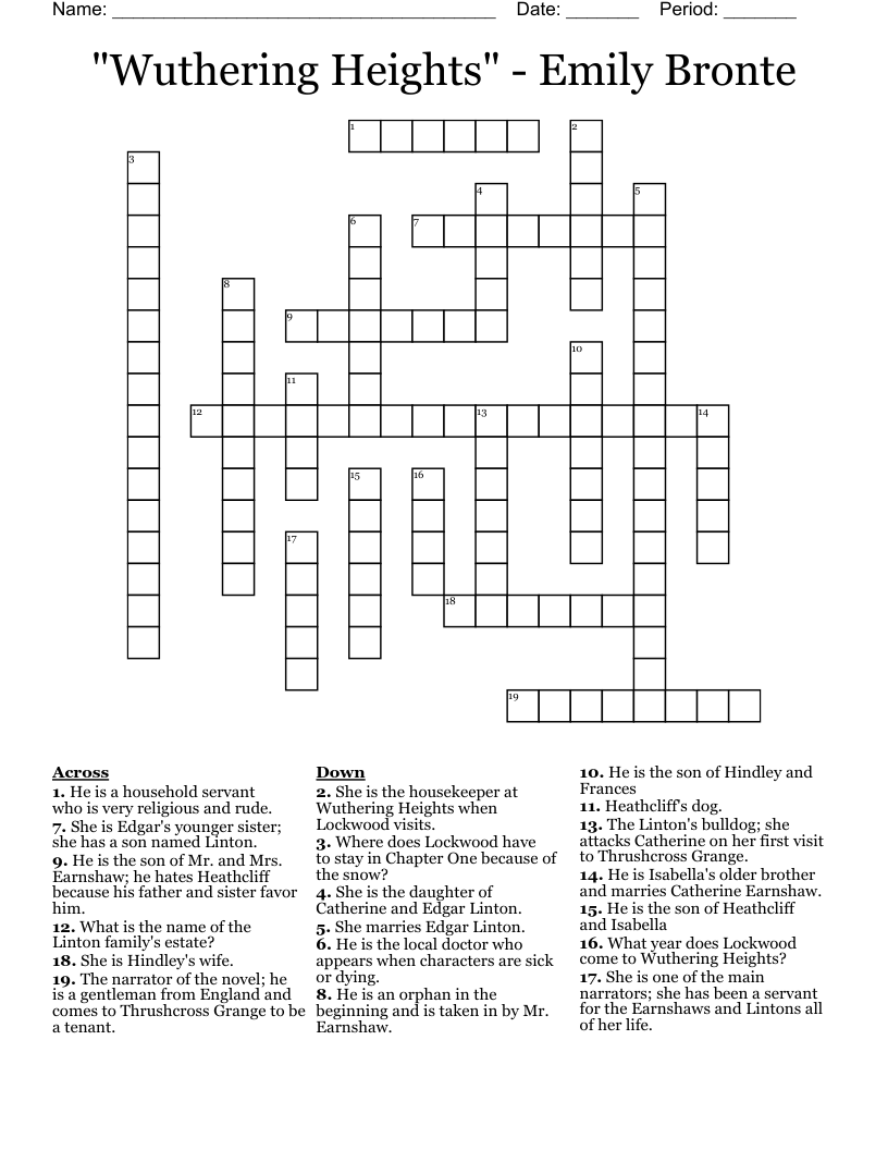 "Wuthering Heights" - Emily Bronte Crossword