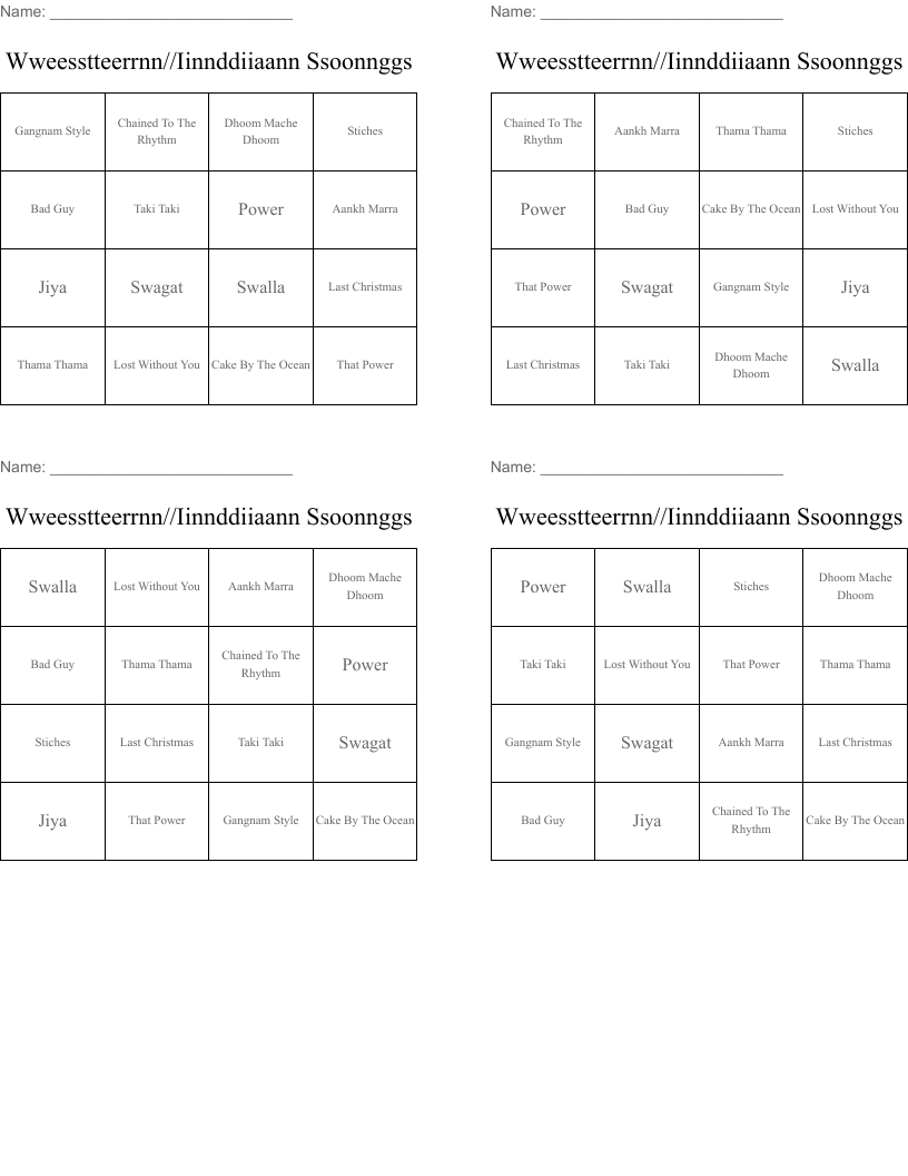 Wweesstteerrnn//Iinnddiiaann Ssoonnggs Bingo Cards