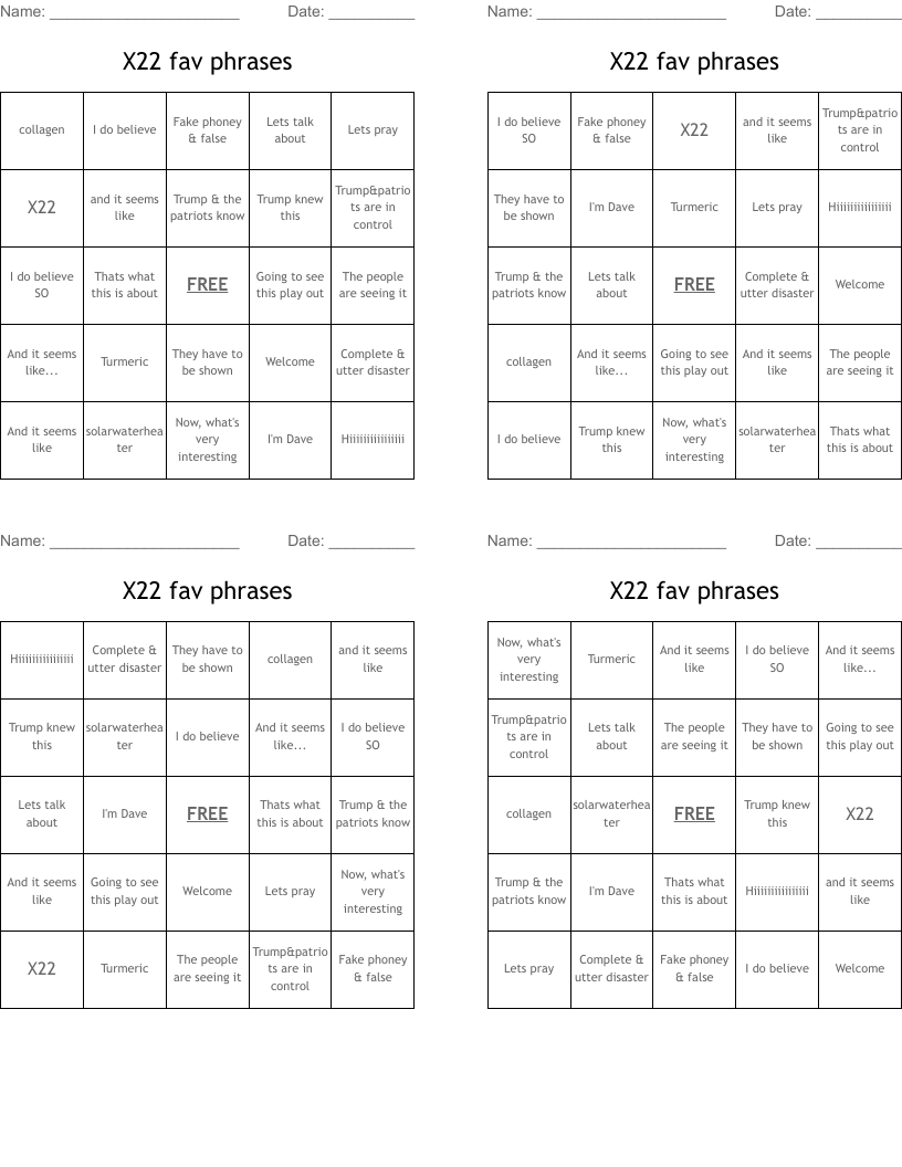 X22 fav phrases Bingo Cards